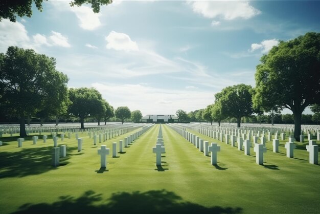 Photo big american military cemetery with perfect green grass generative ai