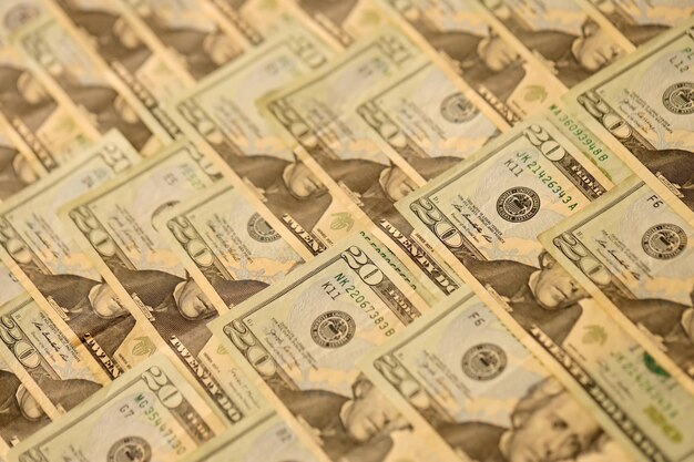 Big amount of old 20 dollar bills details on macro photography\
money earnings payday or tax paying period