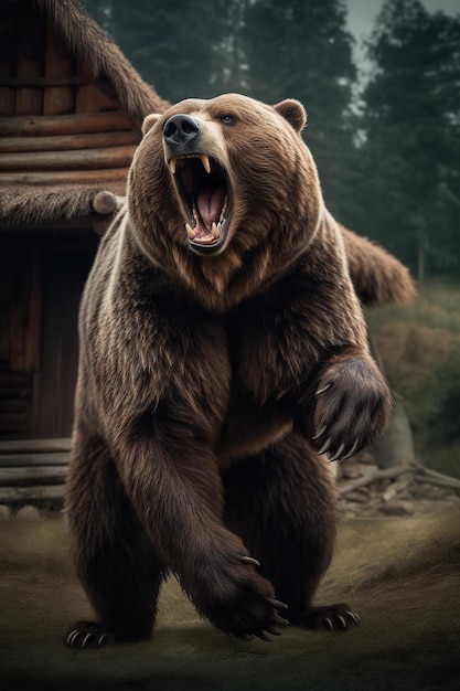 Photo big angry bear attacked the village