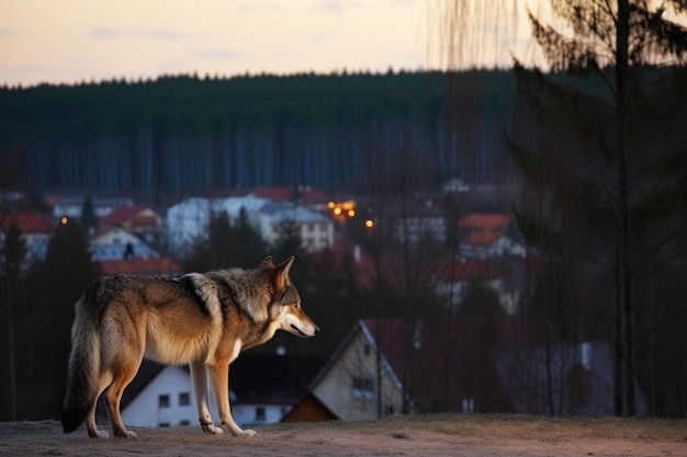 Photo big angry and hungry wolf in countryside village area generative ai