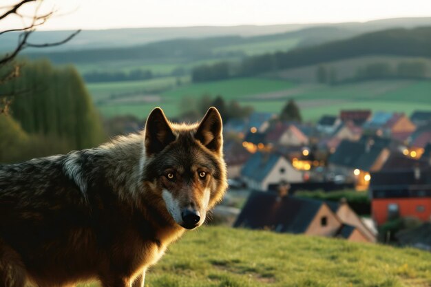 Photo big angry and hungry wolf in countryside village area generative ai