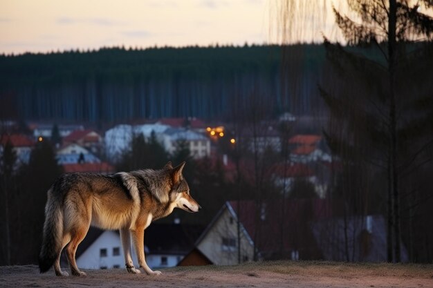 Photo big angry and hungry wolf in countryside village area generative ai