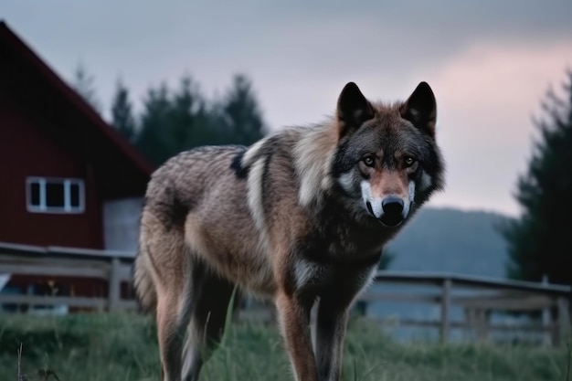 Photo big angry and hungry wolf next to house at dusk generative ai