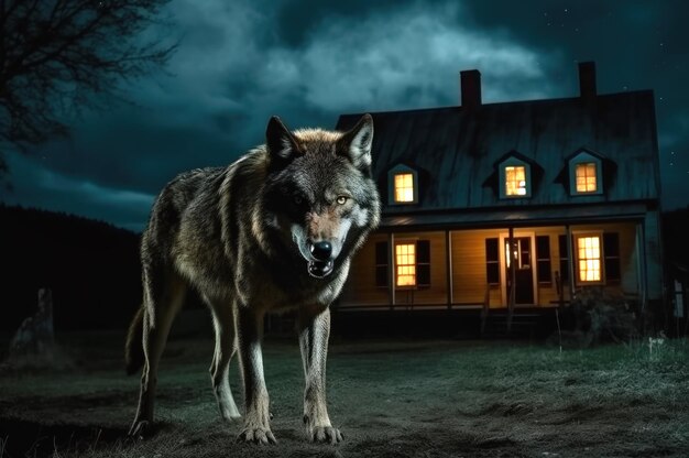 Photo big angry and hungry wolf next to house at night generative ai