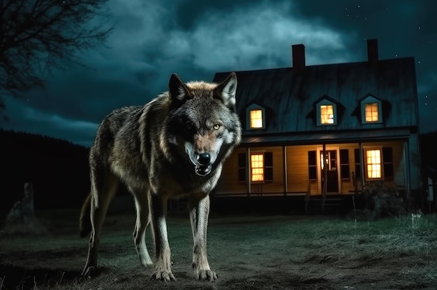 Photo big angry and hungry wolf next to house at night generative ai