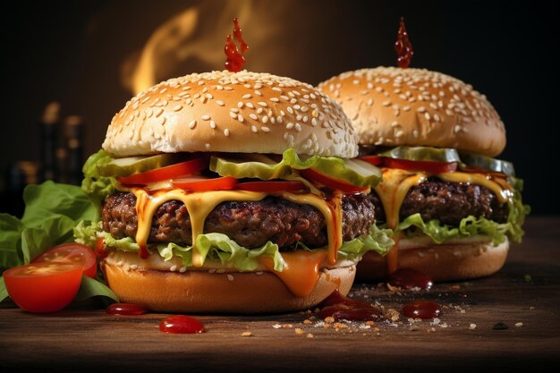 김과 함께 큰 식욕이 좋은 맛있는 햄버거 패스트푸드 컨셉