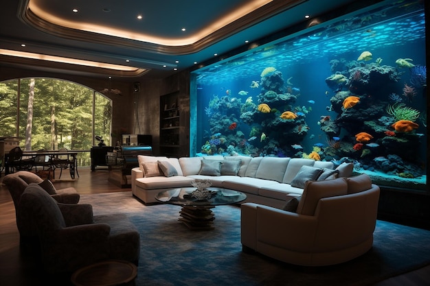 Большой аквариум в уютной гостиной дома Generative By Ai