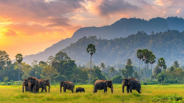 写真 緑の自然公園の屋外で山の背景にある大きなアジアゾウaiが生成した画像