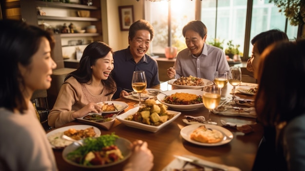 Photo big asian family dinner table eating togetherchristmas and thanksgiving conceptnew year chinese