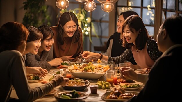 Photo big asian family dinner table eating togetherchristmas and thanksgiving conceptnew year chinese