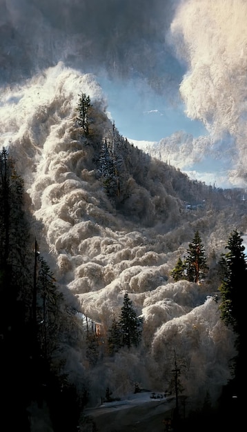 Big avalanche comming down from the mountain destroing everything in it's path