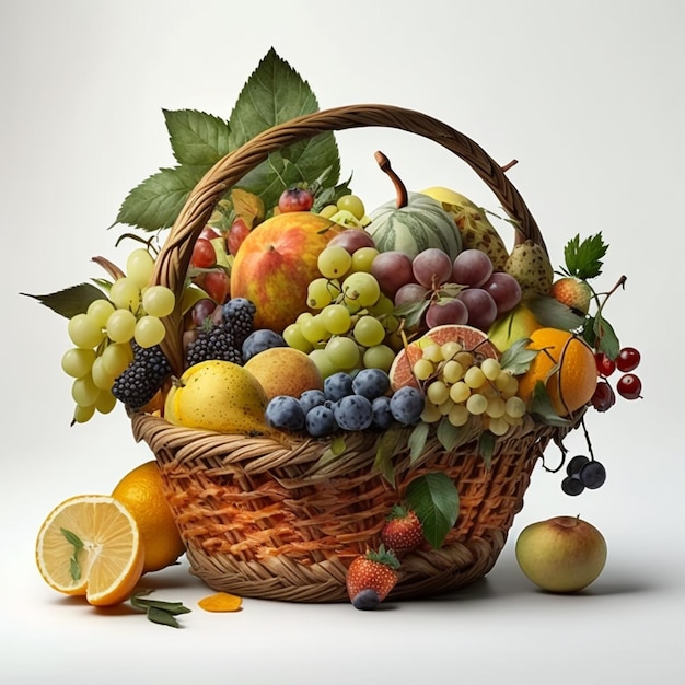 A big basket of fruit is shown with a white background