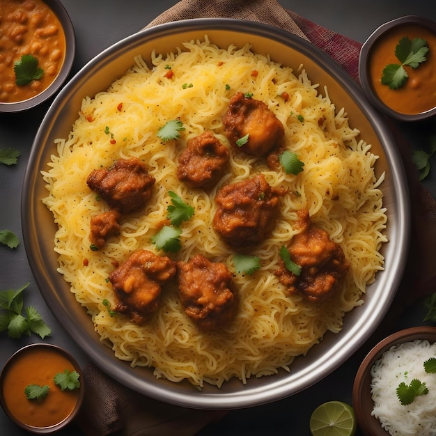 Big basmati rice biryani food plate with meat and gravies