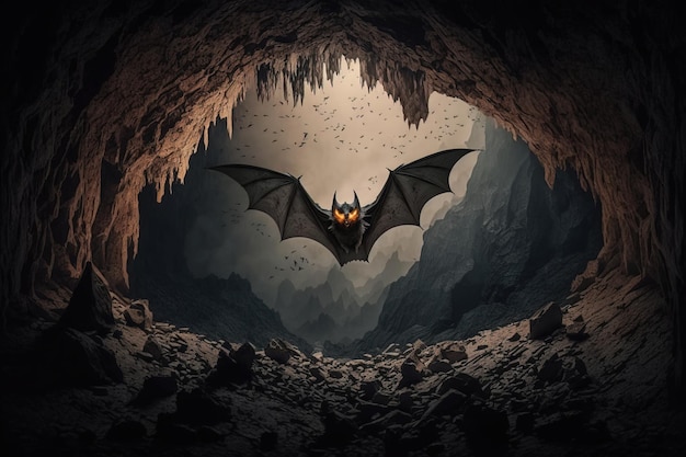 A big bat spread its wing flying inside a cave