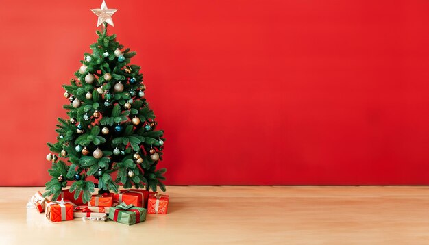 최소한의 스타일로 아름답고 빛나는 보블로 장식된 크고 아름다운 크리스마스 트리