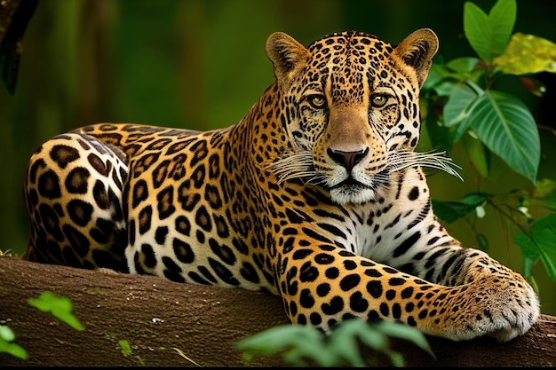 A big beautiful jaguar cat lies on a fallen tree in the forest Generative AI