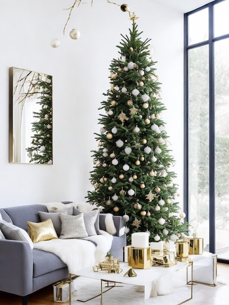 Большая красивая новогодняя елка с подарками в белом украшенном зале на Новый год