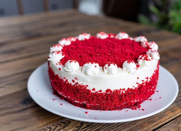 花とベリーが上に乗った大きな美しいレッド ベルベット ケーキ 皿のデザートのスライス ケーキとマフィンの甘い休日のおやつ