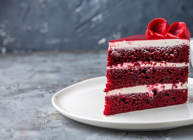 Big beautiful red velvet cake with flowers and berries on top Slice on a plate dessert Cake and muffins sweet holiday treats