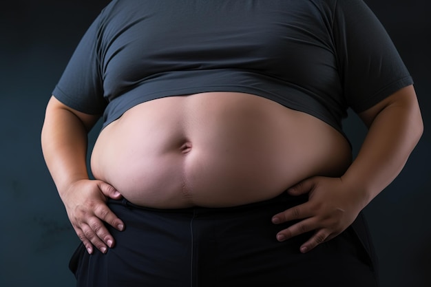 The big belly of an overweight man sticks out from under a dark gray t shirt on a dark