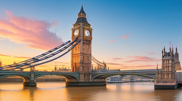 Big Ben en Westminster Bridge bij zonsondergang Londen UK