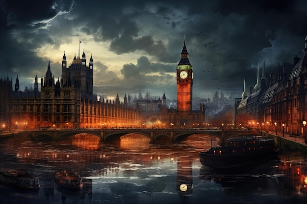 영국 런던 시티 AI 생성 밤에 런던의 빅벤과 국회의사당