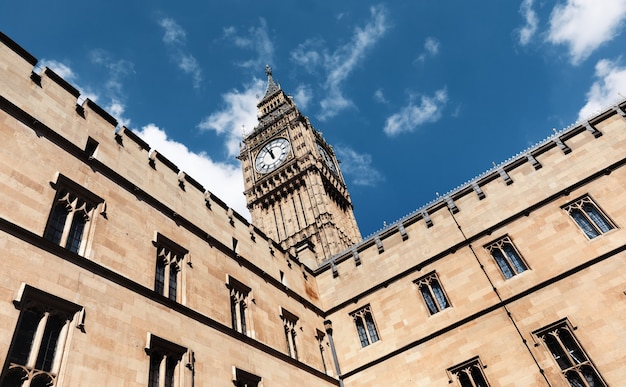 Big Ben, London, UK. A view of the popular London landmark, the clock tower known as Big Ben. The gothic tower is an iconic London landmark of the Houses of Parliament