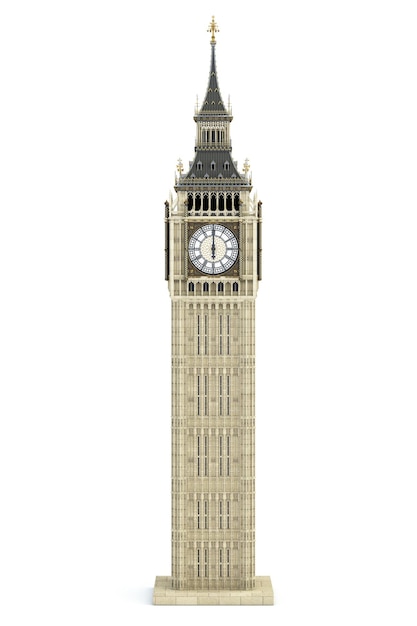 Big Ben Tower het architecturale symbool van Londen, Engeland en Groot-Brittannië. Geïsoleerd op witte achtergrond