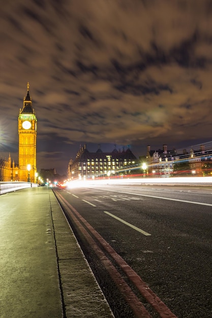 Big Ben and traffic lights at night