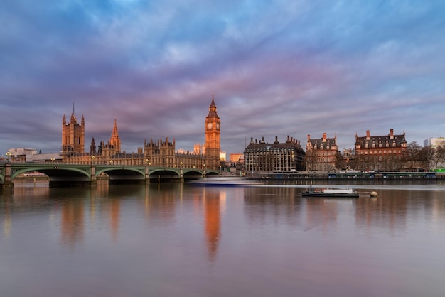 Big Ben and Westminster Bridge at dusk London UK