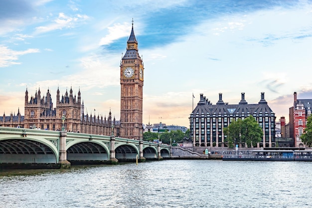 Big Ben Westminster Bridge on River Thames in London England UK at sunset