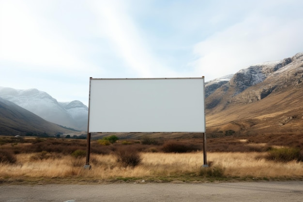 Big billboard with empty white screen standing in the valley