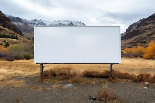 Big billboard with empty white screen standing in the valley