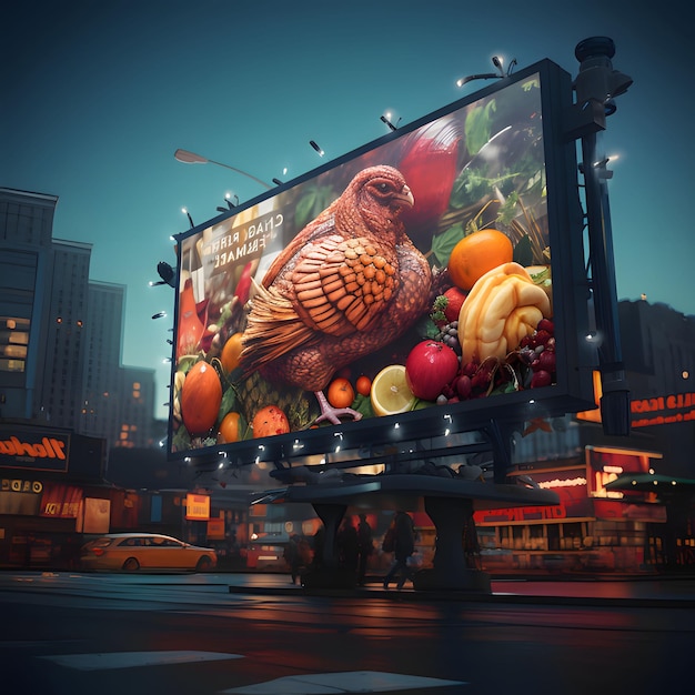 Big billboard with turkey ucz to vegetables fruits on the background of the city city life Turkey as the main dish of thanksgiving for the harvest