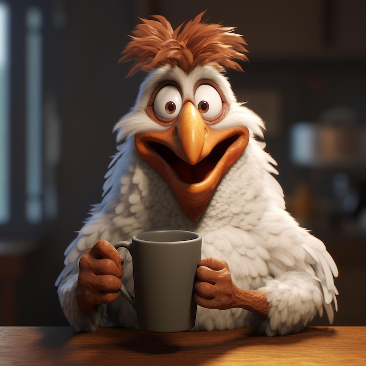 Photo big bird drinking coffee an animation in zbrush style with cryptopunk influence