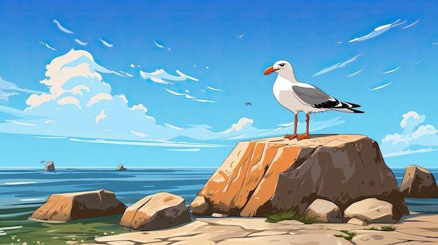 Photo a big bird sat on a rock by the sea illustration generative ai