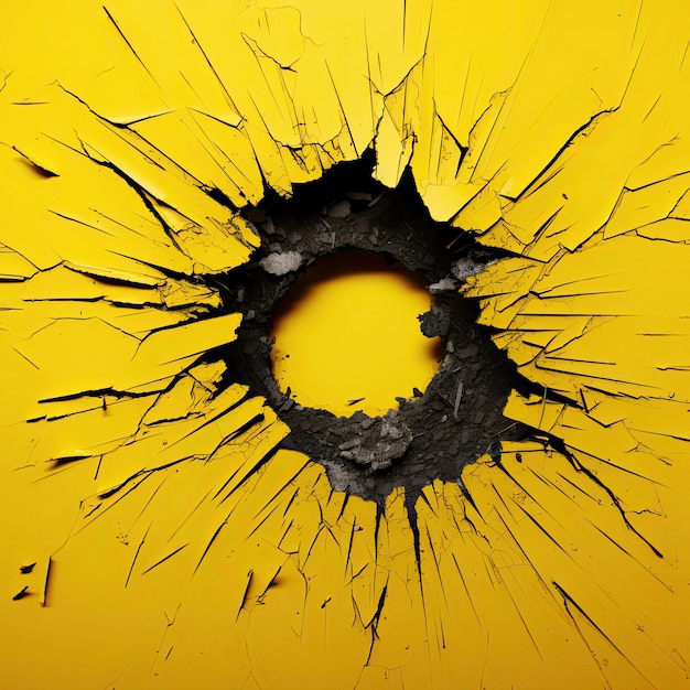 사진 노란색 벽 배경의 큰 블랙홀 획기적인 개념