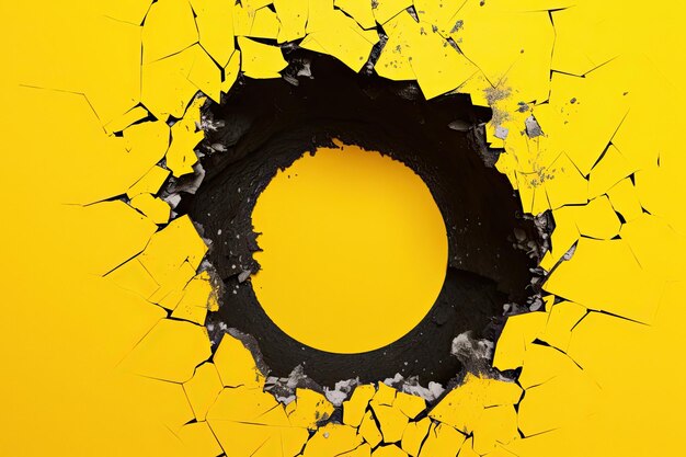 Photo big black hole in yellow wall background breakthrough concept