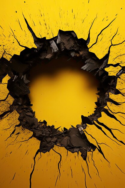 Photo big black hole in yellow wall background breakthrough concept