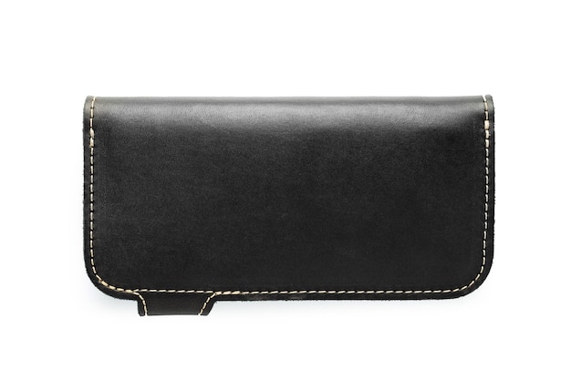Big black leather wallet on a button on a white background top view