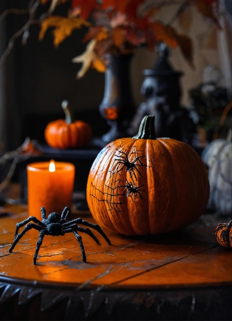 A big black spider is crawling near the pumpkin Halloween holiday Created with the help of AI