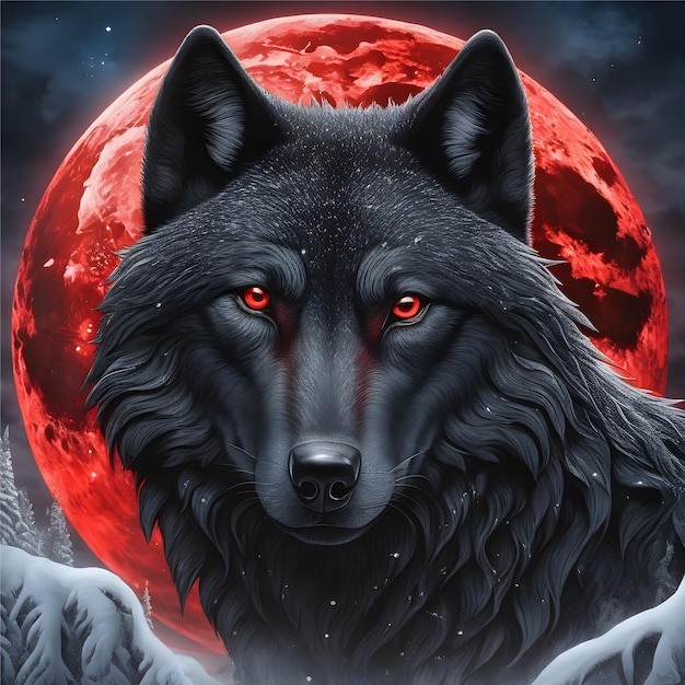 big black wolf full moon red eyes