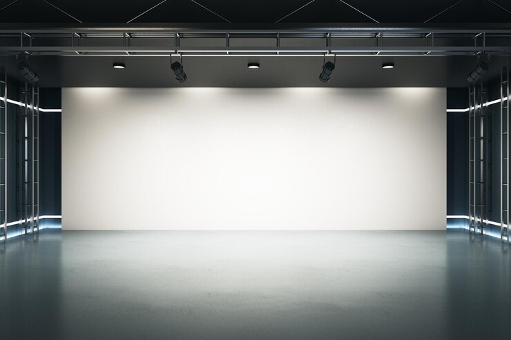 Photo big blank light screen instead of wall with projectors in empty industrial style hall room with glossy floor mockup 3d rendering