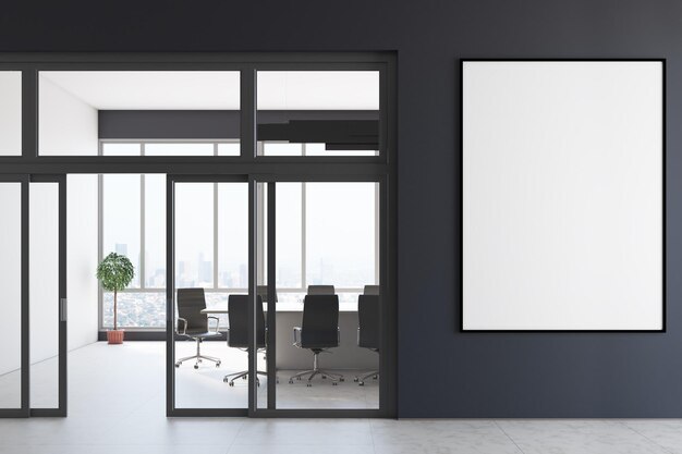 Big blank white poster in black frame on black wall upon entering modern conference room with table chairs and city view Mockup 3D rendering