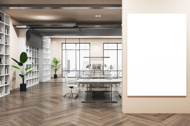 Big blank white poster with place for your logo on light wall in modern interior design office with wooden floor cozy workspaces with computers and green plants in flowerpot 3D rendering mock up