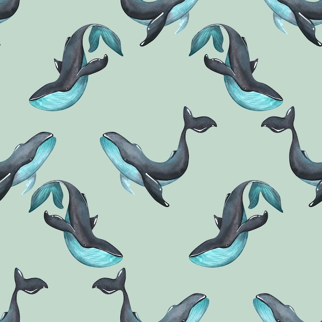 Big blue and black cats on a turquoise background watercolor\
illustration seamless pattern from a large set of whales for\
fabrics textiles wallpapers covers prints backgrounds