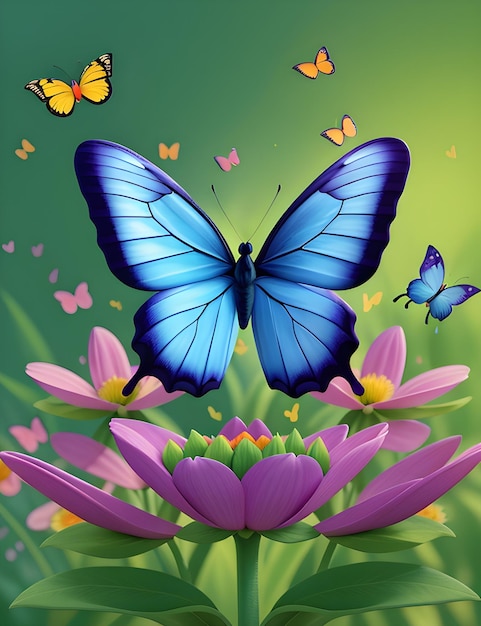 写真 大きな青い蝶が飛び回った ハーテンジアの花の花束 細なパステル色のバラの花束