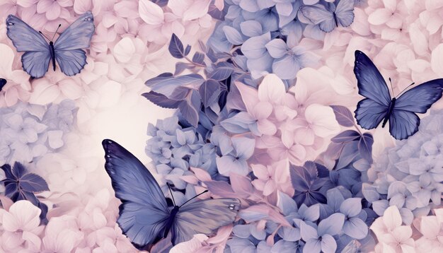 Big blue butterflies hydrangea flowers bouquets in delicate pastel rose pink beige purple colors