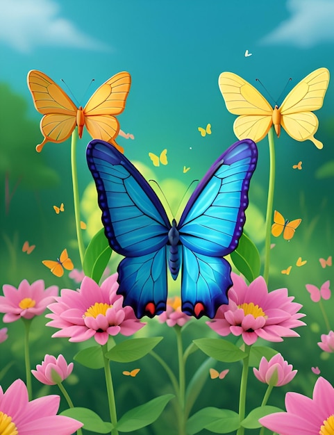 Большая синяя бабочка сидит на розовых цветах со своими спутниками бабочками 3D AiGenerated