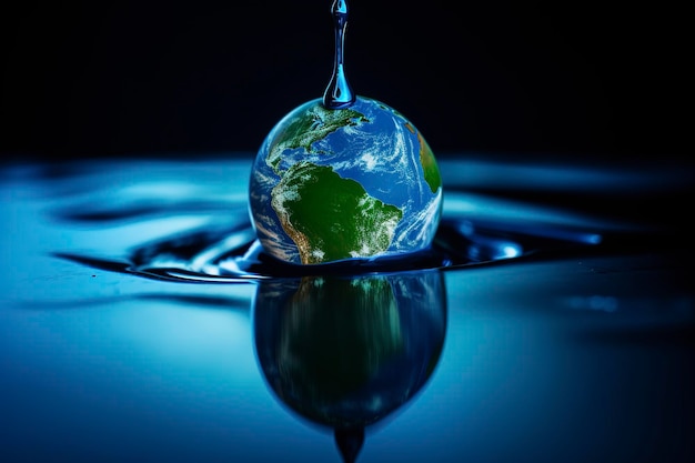 A big blue drop in the sky with the earth on it in the style of light green and blue fluid and organic culturally diverse elements associated press soggy environmental awareness generate ai